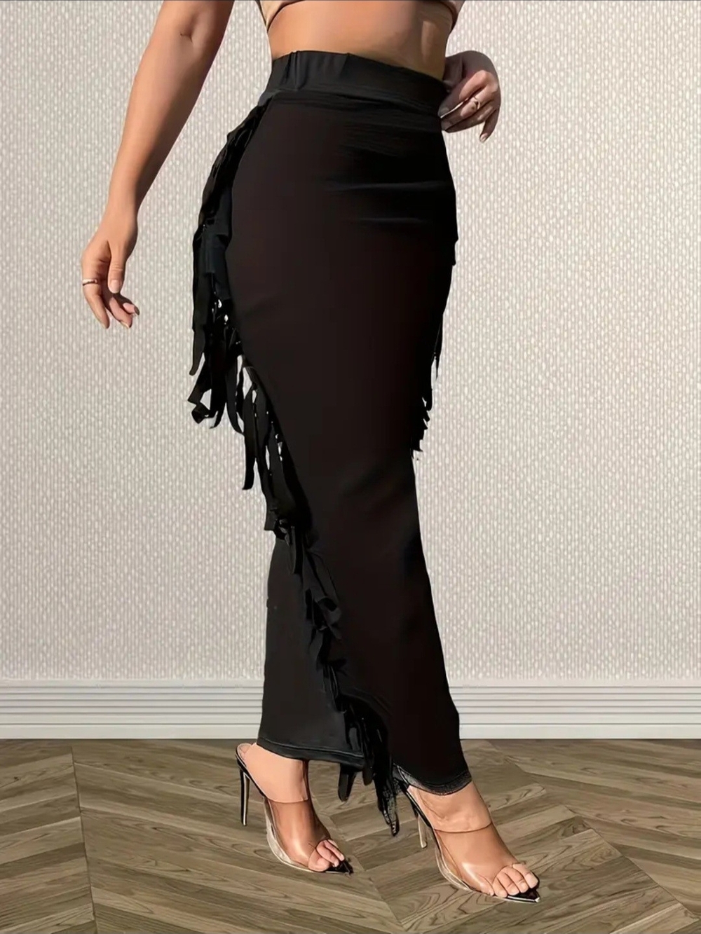 Black Fringe Maxi Skirt - Women's Elegant Side-Tie Skirt